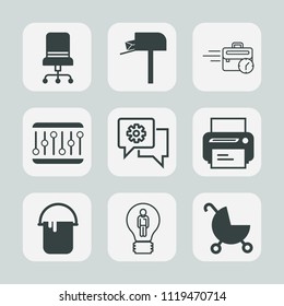 Premium set of outline, fill icons. Such as printer, sitting, chair, business, carriage, child, home, desk, print, creative, seat, paint, send, box, style, mailbox, machine, mail, comfortable, chat