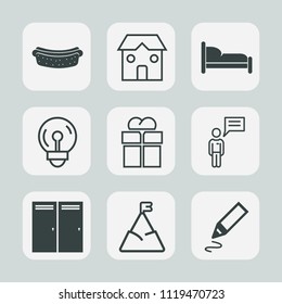 Premium set of outline, fill icons. Such as pen, person, room, building, meat, nature, entrance, lunch, meal, home, equipment, business, electric, industry, package, bedroom, energy, giftbox, eat, sky