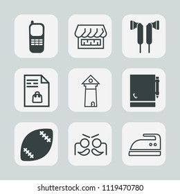 Premium set of outline, fill icons. Such as famous, store, shopping, notebook, music, celebration, notepad, modern, market, curtain, audio, game, architecture, domestic, telephone, festival, stereo