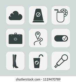 Premium set of outline, fill icons. Such as fruit, tropical, gps, road, music, transportation, travel, map, location, audio, glass, , background, juice, drink, direction, technology, karaoke, party