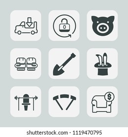 Premium set of outline, fill icons. Such as lorry, fight, shipping, sky, protection, furniture, weight, sport, modern, transportation, piglet, padlock, delivery, security, shovel, competition, hog