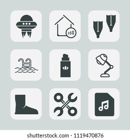 Premium set of outline, fill icons. Such as reparation, real, sound, underwater, spaceship, service, perfume, flipper, space, lamp, ufo, pool, vehicle, interior, industrial, summer, light, house, note
