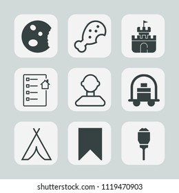 Premium set of outline, fill icons. Such as cake, internet, camp, doughnut, estate, street, profile, service, toy, chicken, luggage, travel, cookie, baggage, bookmark, lantern, contract, chocolate