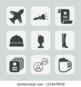 Premium set of outline, fill icons. Such as bulb, paper, freelancer, light, aircraft, coffee, fly, plane, flight, alcohol, business, fashion, cafe, electric, cup, document, freelance, object, mug, id