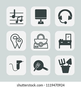 Premium set of outline, fill icons. Such as screen, dentist, fashion, plastic, treble, bag, musical, food, location, music, sound, equipment, clinic, computer, travel, monitor, technology, leather, pc