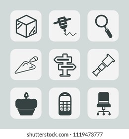 Premium set of outline, fill icons. Such as construction, old, electric, room, object, phone, hand, sky, package, telescope, packaging, glass, template, sweet, furniture, box, dessert, machine, work