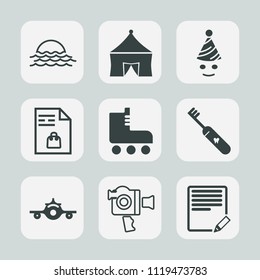 Premium set of outline, fill icons. Such as sun, clown, circus, clean, write, notebook, flight, camera, skating, plane, equipment, leisure, skate, text, film, market, video, celebration, entertainment