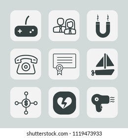 Premium set of outline, fill icons. Such as science, money, work, horseshoe, mobile, controller, template, telephone, joystick, dollar, magnet, company, broken, heart, boat, love, technology, person