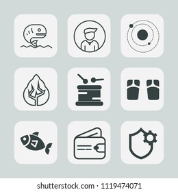 Premium set of outline, fill icons. Such as astronomy, man, fish, summer, science, male, solar, instrument, space, music, money, white, boy, earth, purse, security, wallet, environment, planet, cash
