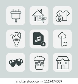 Premium set of outline, fill icons. Such as cafe, bar, power, music, estate, metal, beer, cup, old, plug, building, alcohol, business, energy, real, cable, decoration, shop, pottery, mortgage, sale