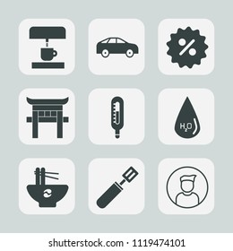 Premium set of outline, fill icons. Such as thermometer, meal, percent, asia, machine, chinese, bus, japanese, discount, tag, profile, white, kitchen, drop, cup, highway, cooking, traffic, direction