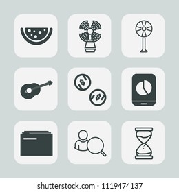 Premium set of outline, fill icons. Such as paper, business, currency, music, sand, mobile, file, guitar, vegetarian, hour, finance, account, sea, beacon, fan, ventilator, online, document, cooler