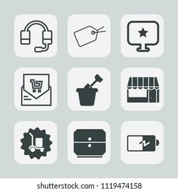 Premium set of outline, fill icons. Such as price, sound, communication, supermarket, computer, warehouse, equipment, store, microphone, delivery, drawer, package, check, power, support, play, audio