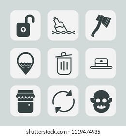 Premium set of outline, fill icons. Such as trash, work, clean, recycling, mineral, jar, arrow, tool, head, food, protection, monster, ufo, security, unlock, water, honey, fiction, fashion, health