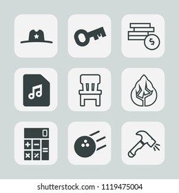 Premium set of outline, fill icons. Such as lock, wealth, wild, home, american, sheriff, cowboy, bowling, cash, shovel, calculator, sport, nature, coin, room, texas, ball, chair, pin, interior, sound