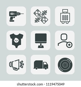 Premium set of outline, fill icons. Such as loud, bag, clothes, internet, speaker, delivery, satellite, power, voice, science, equipment, wheel, machine, kid, account, delete, clothing, auto, airport