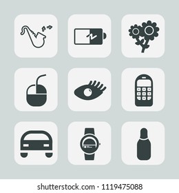 Premium set of outline, fill icons. Such as power, full, old, watch, girl, brass, nature, jazz, electricity, bugle, face, musical, battery, device, music, computer, beautiful, phone, mouse, sound, car
