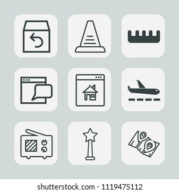 Premium set of outline, fill icons. Such as ladder, plane, real, chat, internet, box, antenna, up, online, signal, care, road, white, staircase, construction, comb, delivery, brush, airport, return