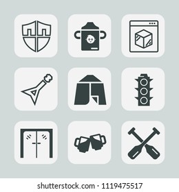 Premium set of outline, fill icons. Such as delivery, shield, secure, food, security, glass, drink, bar, business, entrance, water, white, pub, protection, camp, guard, plastic, lamp, adventure, music