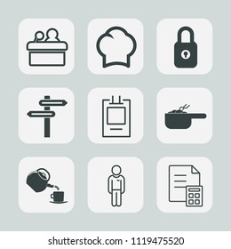 Premium set of outline, fill icons. Such as meeting, chief, label, restaurant, man, financial, element, sign, protection, male, banner, audience, uniform, boy, speaker, public, badge, safety, drink
