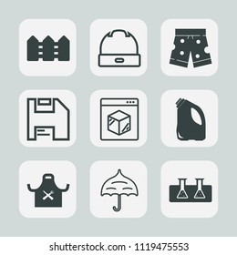 Premium set of outline, fill icons. Such as fashion, transportation, protection, computer, internet, wooden, cap, chief, floppy, hat, sport, restaurant, online, head, freight, test, short, fence, open