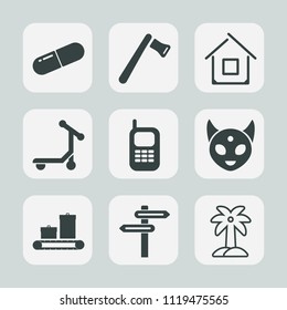 Premium set of outline, fill icons. Such as tool, phone, summer, transport, palm, pill, hammer, communication, medical, pharmacy, travel, construction, house, banner, estate, leaf, alien, saw, monster