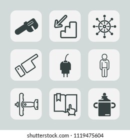 Premium set of outline, fill icons. Such as hammer, finger, airplane, wheel, nutrition, sea, cable, helm, boy, click, people, book, plastic, direction, food, rudder, white, open, work, upstairs, down