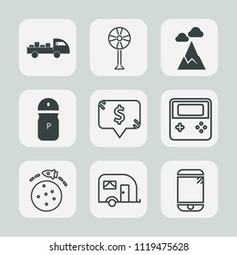 Premium set of outline, fill icons. Such as traffic, ventilator, planet, arrow, pepper, technology, button, hill, spice, mountain, web, rotation, cool, mobile, salt, vehicle, electric, cooler, van