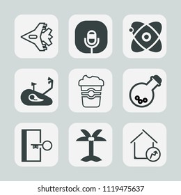 Premium set of outline, fill icons. Such as escape, drink, jet, coffee, microphone, home, sign, cafe, bicycle, astronomy, airplane, medicine, laboratory, travel, fitness, aircraft, flight, equipment