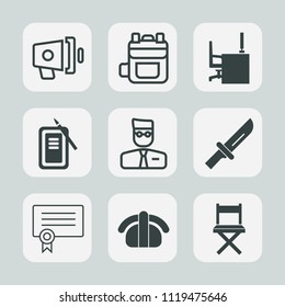 Premium set of outline, fill icons. Such as work, inkstone, loud, japan, tool, cutlery, profile, loudspeaker, dinner, audio, fashion, rucksack, suzuri, desk, fork, sound, announcement, account, seat