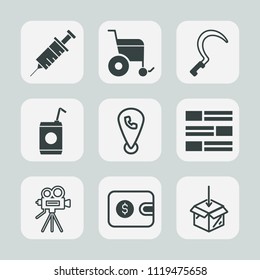Premium set of outline, fill icons. Such as medical, movie, gardening, package, purse, mobile, liquid, tool, news, phone, wheelchair, cash, dentist, sickle, camera, web, medicine, agriculture, tripod