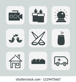 Premium set of outline, fill icons. Such as rescue, film, flame, healthy, scene, music, background, candlelight, emergency, percussion, media, apple, decoration, pigeon, movie, equipment, ambulance