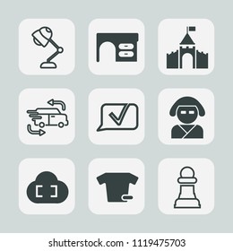 Premium set of outline, fill icons. Such as computer, building, chessboard, car, table, old, tower, castle, geisha, office, electric, delivery, chat, top, notebook, space, fast, medieval, modern, desk