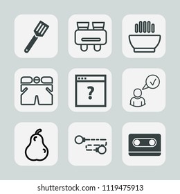 Premium set of outline, fill icons. Such as business, template, pot, retro, watch, pear, search, lunch, pan, profile, online, music, blue, concept, water, top, view, fresh, hot, equipment, white, page