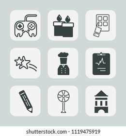 Premium set of outline, fill icons. Such as flame, abstract, sparkle, tower, digital, light, wax, technology, meteor, background, pen, medical, chief, device, pencil, web, air, communication, candle