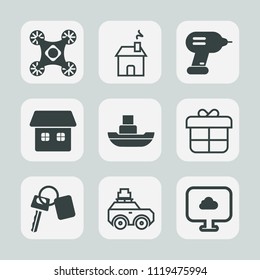 Premium set of outline, fill icons. Such as boat, building, estate, cloud, drone, luggage, architecture, sea, transportation, ship, radio, modern, automobile, ocean, key, bag, vessel, real, copter