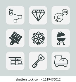 Premium set of outline, fill icons. Such as work, gemstone, key, location, wheel, sign, beautiful, gps, precious, sky, rudder, fun, map, nautical, gem, food, train, security, paint, helm, navigation