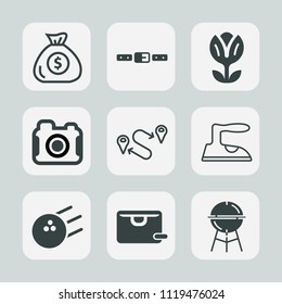 Premium set of outline, fill icons. Such as financial, iron, bag, cash, ball, bbq, technology, , destination, bank, banking, blossom, photography, meat, finance, map, cooking, pin, business, flower