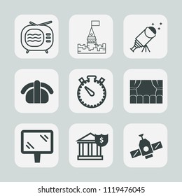 Premium set of outline, fill icons. Such as building, seafood, night, video, fairytale, theater, finance, sign, telescope, old, electronic, technology, television, tower, planet, banner, japan, clock