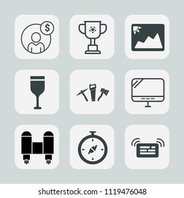 Premium set of outline, fill icons. Such as drink, north, space, compass, internet, wine, notification, rocket, photography, laptop, photo, investment, cup, concept, economy, alcohol, accounting, pc