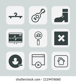 Premium set of outline, fill icons. Such as rock, foot, house, magnifier, look, building, search, sign, web, clothing, estate, style, fashion, cloakroom, heart, white, shoe, coat, rate, user, page