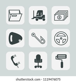 Premium set of outline, fill icons. Such as open, money, paint, transportation, finance, sound, transport, object, tool, folder, delivery, fish, file, roller, hook, coin, equipment, roll, empty, truck