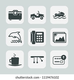 Premium set of outline, fill icons. Such as marine, media, wildlife, nature, phone, dolphin, photo, cup, boat, shipping, blue, animal, sign, cafe, car, image, communication, transport, vehicle, coffee