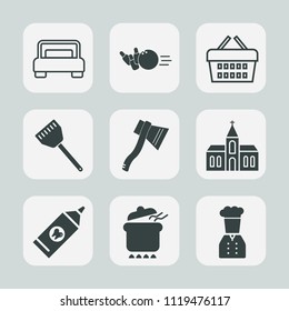 Premium set of outline, fill icons. Such as hotel, meal, axe, chief, sale, basket, store, architecture, health, interior, hobby, leisure, building, pin, dinner, church, kitchen, tool, furniture, dish