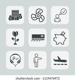 Premium set of outline, fill icons. Such as home, flower, fan, business, ventilator, showing, money, sound, travel, building, floral, nature, hand, finance, white, technology, profile, cooler, blossom
