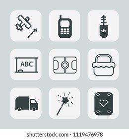 Premium set of outline, fill icons. Such as blackboard, air, sport, game, grass, play, chalkboard, travel, magic, park, phone, flight, airplane, makeup, communication, technology, stadium, call, food