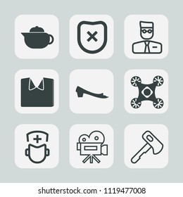 Premium set of outline, fill icons. Such as medical, shirt, teapot, hospital, drone, hot, pot, key, beverage, doctor, tea, web, tripod, profile, retro, breakfast, movie, padlock, account, axe, sign