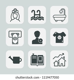 Premium set of outline, fill icons. Such as increase, add, water, literature, bathroom, home, cash, plant, can, human, equipment, clothes, sign, white, doctor, atm, bank, clothing, real, house, health