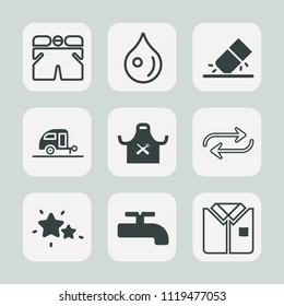 Premium set of outline, fill icons. Such as trailer, clothing, sport, shorts, drop, template, caravan, liquid, concept, fashion, abstract, white, change, erase, short, drawing, sky, eraser, crane, wet