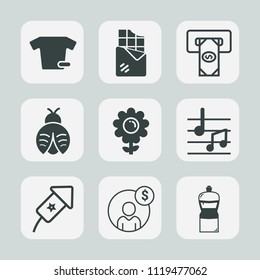 Premium set of outline, fill icons. Such as cleaner, shirt, bank, background, snack, chocolate, fashion, equipment, spring, clothing, musical, broom, music, finance, bar, t-shirt, white, candy, nature
